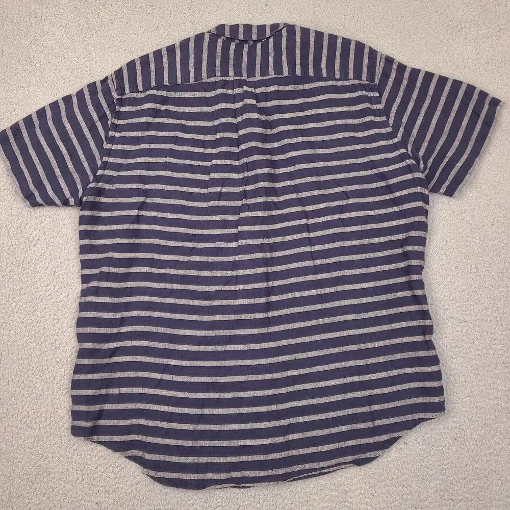 J. Crew Shirt Mens XL Blue Striped 100% Linen Short‎ Sleeve Button Down